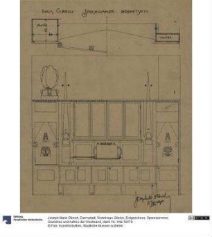 Darmstadt, Wohnhaus Olbrich, Erdgeschoss, Speisezimmer, Grundriss und Aufriss der Westwand