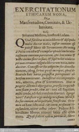 Exercitationum Ethicarum Nona, De Mansuetudine, Comitate, & Urbanitate