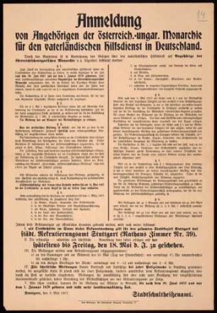 "Anmeldung von Angehörigen der österreich[isch]- ungar[ischen] Monarchie für den vaterländischen Hilfsdienst in Deutschland" für zwischen 1857 und 1870 geborene Männer