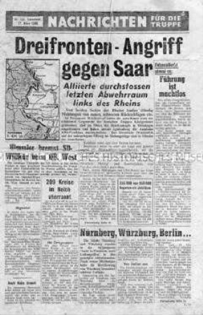 Nachrichtenblatt der US-Armee für die Wehrmacht u.a. zum Vormarsch der Alliierten im Saarland
