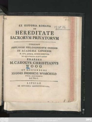 Ex Historia Romana De Hereditate Sacrorvm Privatorvm