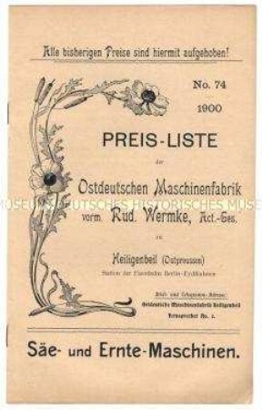 Preisliste über landwirtschaftliche Maschinen