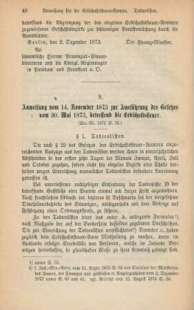 9. Anweisung vom 14. November 1873 zur Ausführung des Gesetzes vom 30. Mai 1873