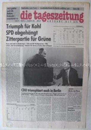 Fragment der Ost-Ausgabe der "tageszeitung" u.a. mit den Ergenissen der Bundestagswahl
