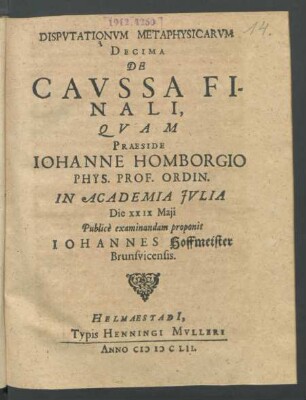 Disputationum Metaphysicarum Decima De Caussa Finali
