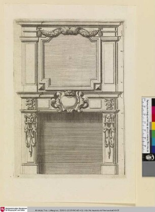 Livre d'Architecture d'Autels, et de Cheminees, Bl. 11 [Von Maskarons eingefasster Kamin, oberhalb ein mit einer Fruchtgirlande geschmückter Spiegel]