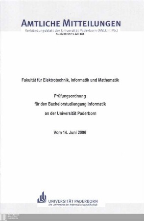 Prüfungsordnung für den Bachelorstudiengang Informatik an der Universität Paderborn : vom 14. Juni 2006