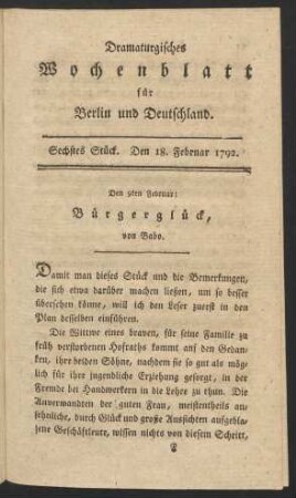 Sechstes Stück. Den 18. Februar 1792