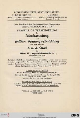 Band 1: Freiwillige Versteigerung der Bestände des Antiquitätengeschäfts A. Satori: laut Beschluß des Bezirksgerichtes Margareten vom 24. Feb. 1936: Antikes Mobiliar, Skulpturen, Gemälde alter und neuerer Meister, Aquarelle, Glas, Porzellan, ...; 29. und 30. April 1936