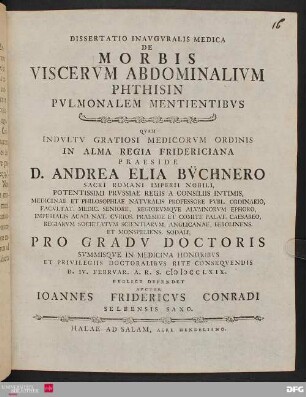 Dissertatio Inauguralis Medica De Morbis Viscervm Abdominalivm Phthisin Pvlmonalem Mentientibus