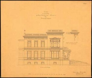 Villa Kemna, Breslau: Aufriss der Straßenfassade und Teilschnitt des Risalits, Maßstabsleiste