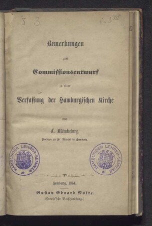 Bemerkungen zum Commissionsentwurf zu einer Verfassung der Hamburgischen Kirche