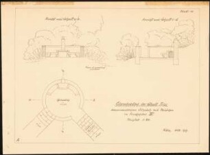 Friedhof, Trier: Sitzplatz und Brunnen: Grundriss, Ansicht, Schnitt 1:50