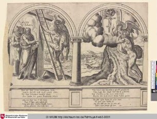 [Zwei biblische Allegorien: Christus erklimmt eine Leiter zum Kreuz / Die Personifikation des Glaubens zeigt einem Mann den Weg zu Gott; Two biblical allegories: Christ climbs on a ladder to the cross / The personification of the faith shows the way to God to a man]