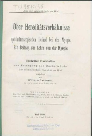 Über Hereditätsverhältnisse und ophthalmoscopischen Befund bei der Myopie : ein Beitrag zur Lehre von der Myopie
