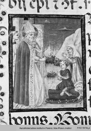 Evangeliar : Folio mit Randbordüre und Miniatur mit der Darstellung des Heiligen Zenobius, der einen verunglückten Knaben zum Leben wiedererweckt