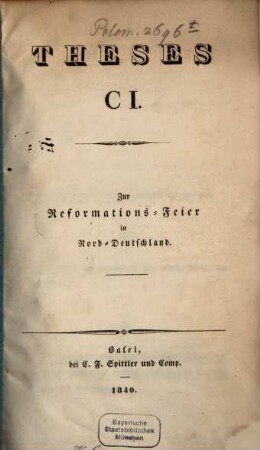Theses CI : Zur Reformations-Feier in Norddeutschland