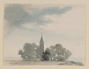 Kirche in einer Baumgruppe [lose einliegendes Blatt aus Maximiliane von Arnims Skizzenbuch mit Motiven aus Wiepersdorf und Rügen]