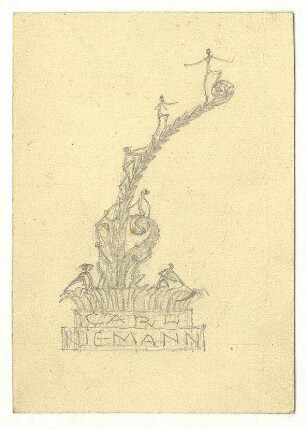 Exlibrisstudie für Carl Niemann : Kleine Figuren klettern ein sich aufrollendes Farnblatt herauf, Namenszug unter der Darstellung