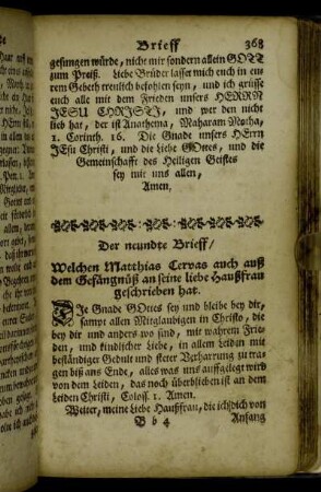Der neundte Brieff/ Welchen Matthias Cervas auch auß dem Gefängnüß an seine liebe Haußfrau geschrieben hat. - Der zehende Brieff Welchen obgenanter Matthias auß dem Gefängnüß an F. V. H. geschrieben hat.