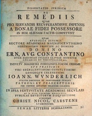 Dissertatio Ivridica De Remediis Qvae Pro Servandis Recvperandisve Impensis A Bonae Fidei Possessore In Rem Alienam Factis Competvnt