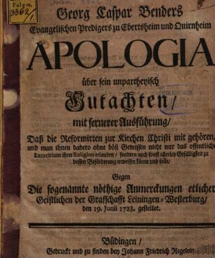 Apologia über sein unpartheyisch Gutachten