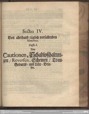 Sectio [V]. Von allerhand täglich vorfallenden Materien