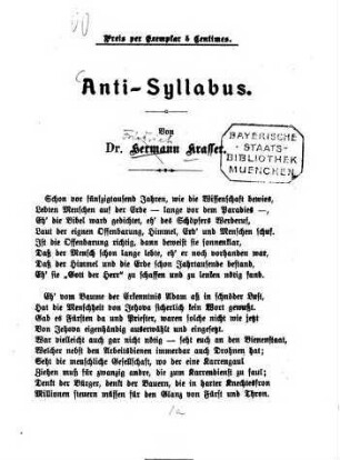 Anti-Syllabus : Von Hermann [!] Krasser. [soll heissen: Friedrich Krasser.] [Kopftitel.]