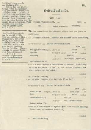 Heiratsurkunde 1920 Kurt Tucholsky und Else Weil