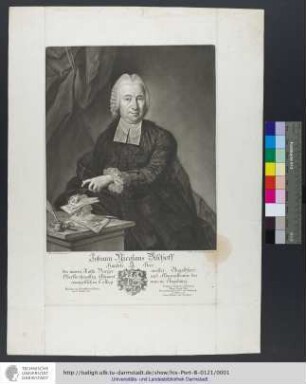 Johann Nicolaus Bischoff / Handels Herr, des innern Raths, Burgermeister, Angeldherr, Oberkirchenpfleg Adjunct und Administrator des evangelischen Collegiums, in Augsburg : Gebohren zu Franckfurt am Mayn den 8. Octob. 1716 : Denkmal kindlicher Ehrfurcht Ihrem Herrn Vater bey zurukgelegten 63sten und Stufenjahr errichtet von seinen Söhnen und Töchtern / Franc. Joseph Degle pinxit 1773 ; J. Elias Haid sculpsit Aug. Vind. 1779 : Handels Herr, des innern Raths, Burgermeister, Angeldherr, Oberkirchenpfleg Adjunct und Administrator des evangelischen Collegiums, in Augsburg : Gebohren zu Franckfurt am Mayn den 8. Octob. 1716 : Denkmal kindlicher Ehrfurcht Ihrem Herrn Vater bey zurukgelegten 63sten und Stufenjahr errichtet von seinen Söhnen und Töchtern