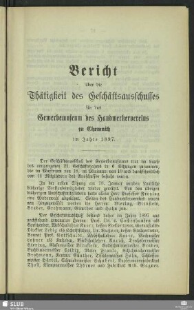 Bericht über die Thätigkeit des Geschäftsausschusses für das Gewerbemuseum zu Chemnitz im Jahre 1897