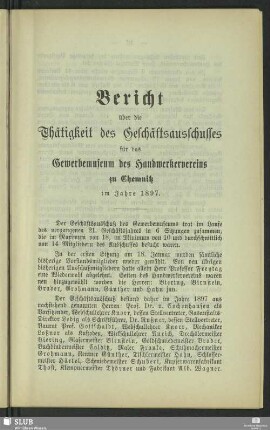 Bericht über die Thätigkeit des Geschäftsausschusses für das Gewerbemuseum zu Chemnitz im Jahre 1897