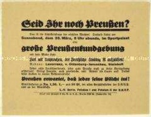 Aufruf zu einer Kundgebung der Deutschnationalen Volkspartei am 28. März 1931 anlässlich des geplanten Volksbegehrens zur Auflösung des preußischen Landtags