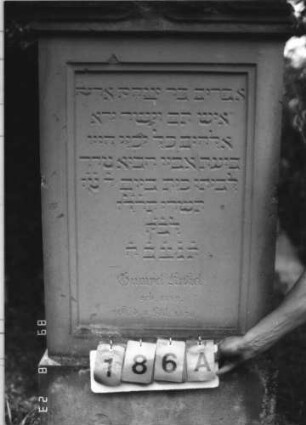 Grabstein 186 (Index: 100110619) Material: Sandstein Zustand: leicht verwittert, Giebel beschädigt Maße HxBxT: 178x71x26 cm Beschreibung: Stele, Sockel, Rundbogenabschluß mit Verdachung und Perlenschnur, Schriftfelder eingetieft: Grabstein 186A