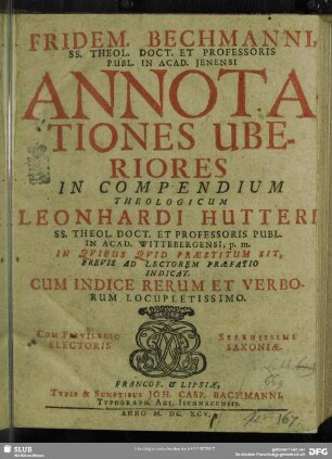 Annotationes uberiores in compendium theologicum Leonhardi Hutteri