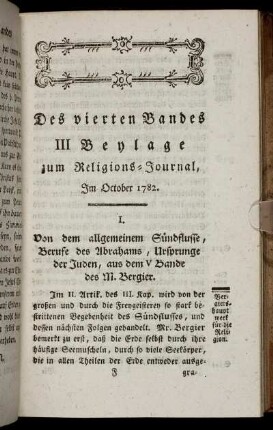 Des vierten Bandes III. Beylage zum Religions-Journal, Im October 1782