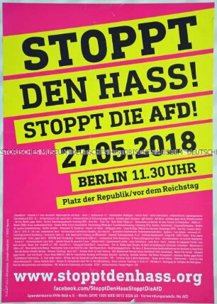 Plakataufruf des Bündnisses "Stoppt den Hass! - Stoppt die AfD!" zu einer Demonstration gegen eine von der AfD geplante Großdemonstration am 27.05.2019 in Berlin