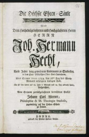 Die Höchste Ehren-Säule Wird Joh. Hermann Hecht Über Seinen Tod aufgerichtet