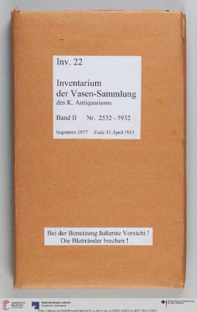 [Band 23] Teil 2: Erwerbungsbücher der Antikensammlung: Inventarium der Vasen-Sammlung des K. Antiquariums Band II. begonnen 1877.