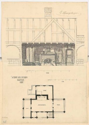 Gartenhaus Monatskonkurrenz Dezember 1899: Grundriss 1:50, Längsschnitt 1:20; 2 Maßstabsleisten
