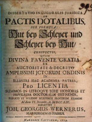Dissertatio inauguralis juridica de pactis dotalibus sub formula: Hut bey Schleyer und Schleyer bey Hut conspectis