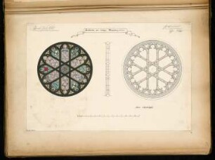 Rosettenfenster Monatskonkurrenz Juli 1868: Aufriss, Ansicht, Querschnitt; Maßstabsleiste