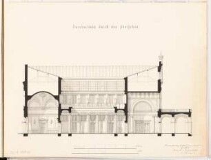 Bahnhof, Hannover Schinkelwettbewerb 1869: Querschnitt (in Höhe des Königsbaus); 2 Maßstabsleisten (Fuß, Meter)