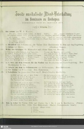 Zweite musikalische Abend-Unterhaltung im Seminare zu Zschopau Dienstag den 30. Januar 1877