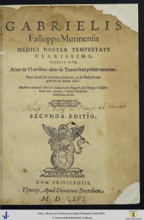 Gabrielis Falloppii Mutinensis Medici Nostra Tempestate Libelli Dvo, Alter De Vlceribus, alter de Tumoribus praeter naturam