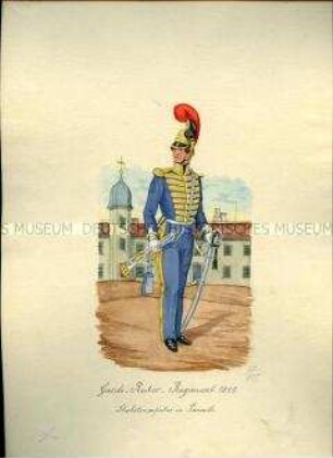 Uniformdarstellung, Stabstrompeter des Garde-Reiter-Regiments in Parade, Sachsen, 1848.