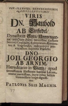 Per-Illustri ... Viris Dn. Haubold Ab Einsiedel ...