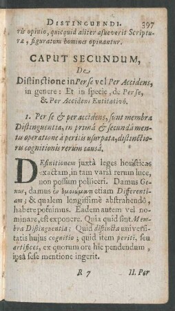 Caput Secundum, De Distinctione in Per se vel Per Accidens, in genere: Et in specie, de Per se, & Per Accidens Entitativo.