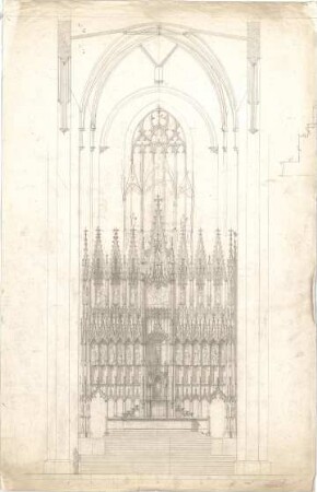 Lange, Ludwig; München; Frauenkirche, Regotisierung - Entwurf für einen neugotischen Hochaltar (Ansicht); Gewölbe (Schnitt)