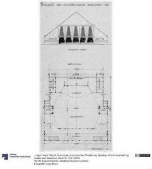 Darmstadt, provisorischer Theaterbau, Spielhaus für die Ausstellung, Aufriss und Grundriss